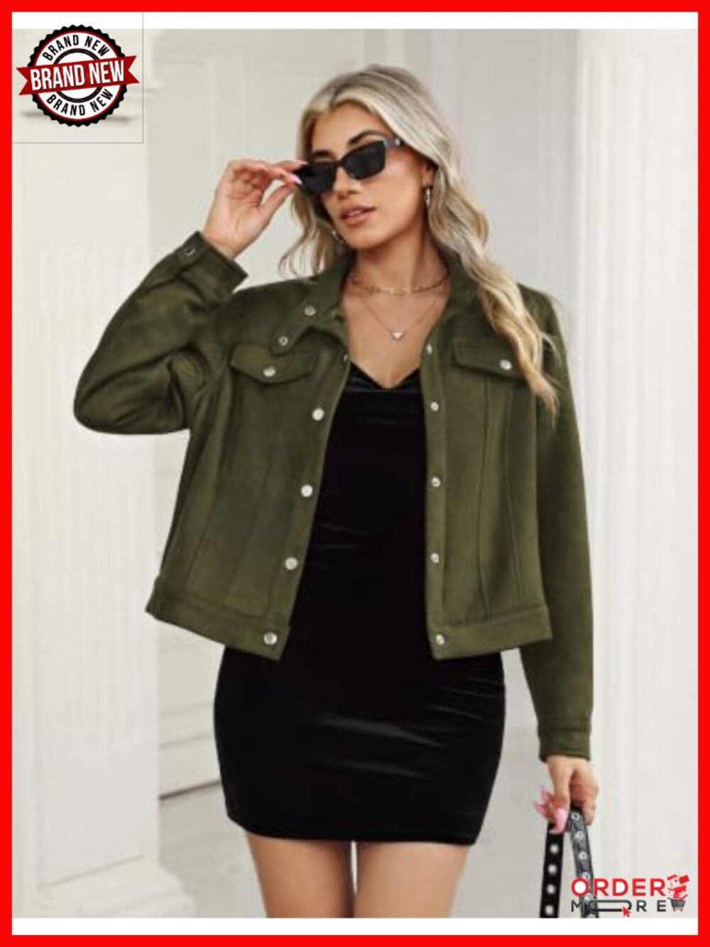 Faux Suede Cropped Jacket Snap Button Shacket - Picture 4 of 6
